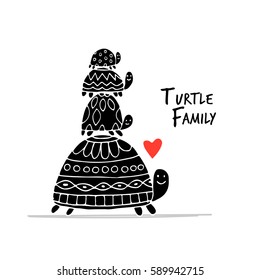 Funny family, turtle with chidren, sketch for your design