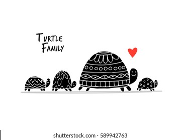 Funny family, turtle with chidren, sketch for your design