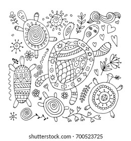 Funny family, turtle with chidren, sketch for your design