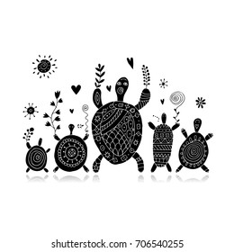 Funny family, turtle with chidren, sketch for your design