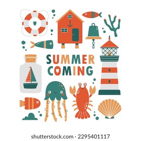 Funny fancy design of childish banner, card with sea, ocean animal, octopus, buoy, beach house, lighthouse, fish. Cute vector template with cartoon simple illustrations with text "summer coming".