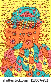 Funny fantastic bird - psychedelic art. Doodle surreal cartoon artwork. Vector illustration.