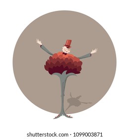 Funny fantastical creature from a fairytale. A cute flower monster in tuxedo looking like a slender young man in a top hat performing magician tricks on a stage and casting a shadow. EPS 10 format.