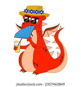 Funny fantasy character dragon with a cocktail and a fan. Isolated on white background. Vector cartoon colorful icons.