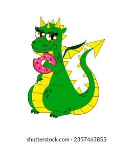 Funny fantasy character dragon with a donut. Isolated on white background. Vector cartoon colorful icons.