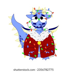 Funny fantasy character dragon is entangled in the garland. Isolated on white background. Vector cartoon colorful icons.