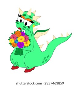 Funny fantasy character dragon with flowers. Isolated on white background. Vector cartoon colorful icons.
