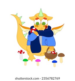 Funny fantasy character dragon gathers mushrooms. Isolated on white background. Vector cartoon colorful icons.
