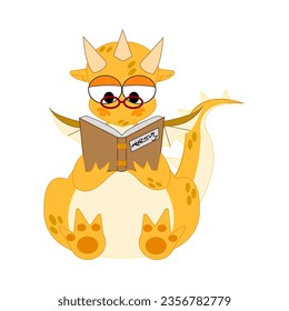 Funny fantasy character dragon is reading a book. Isolated on white background. Vector cartoon colorful icons.