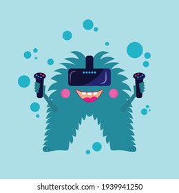 Funny fantasy creature with hands up with coltrollers in them, wearing the virtual reality glasses, flat cartoon slyle vector illustration image