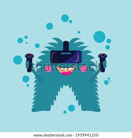 Funny fantasy creature with hands up with coltrollers in them, wearing the virtual reality glasses, flat cartoon slyle vector illustration image