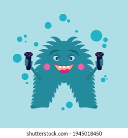 Funny fantasy creature with hands up holdind virtual reality controllers, flat cartoon slyle vector illustration image
