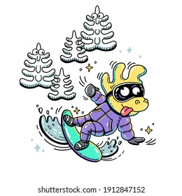 Funny fantasy mascot, character snowboarding with fir-trees. Vector hand drawn cartoon illustrations
