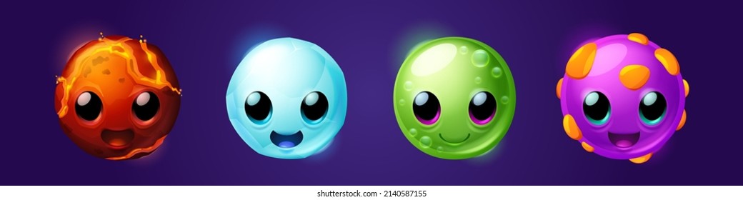 Graciosa fantasía monstruos redondos para la interfaz de juego. Iconos vectoriales de dibujos animados conjunto de personajes bonitos de bola con textura de gelatina verde, caramelos, hielo y magma caliente aislados en el fondo