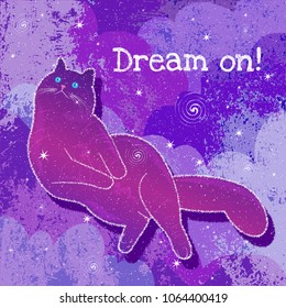 Funny fantasy vector illustration of dreamy cat in the sky in violet tones with lettering. 