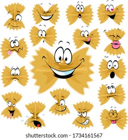 Funny Farfalle Pasta Cartoon Character with Many Facial expressions - Vector Illustration
