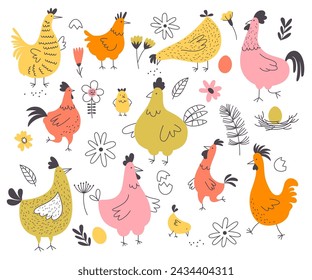 Divertidos animales de granja de pascua personajes de aves diferentes lindo colorido pollo y el juego de gallo. Mascota de pollitos pequeños con elementos decorativos de diseño floral, huevos, cáscara agrietada e ilustración vectorial de nido