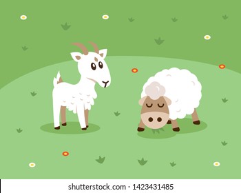 Funny farm animal goat and sheep in the middle of a park graze the grass. 100% vector file