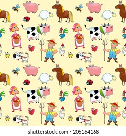 Funny farm animals with background. The sides repeat seamlessly for a possible packaging or graphic