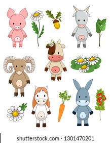 Funny farm animals. Cute toy livestock for children, vector clipart collection. Cow, donkey, goat, sheep, horse, pig and decorative elements like branch, leaves, grass, acorn,chamomile, carrot