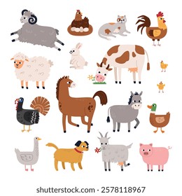 Funny farm animals. Domestic fauna characters, cute mammals and birds, horse, cow, sheep, pig, duck, hen, agricultural industry, vector set