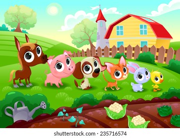 Funny farm animals in the garden. Vector cartoon illustration.