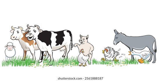funny farm animals, isolated on white background, illustration