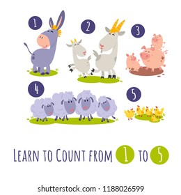 Funny Farm Animals. Learn to count from 1 to 5 illustrated poster. Cute vector collection with donkey, goat, pig, piglet, sheep, chicken