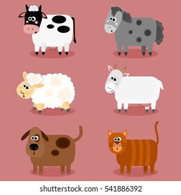 Funny farm animals and pets collection. Isolated sheep, cow, donkey goat, cat and dog. Vector illustration.