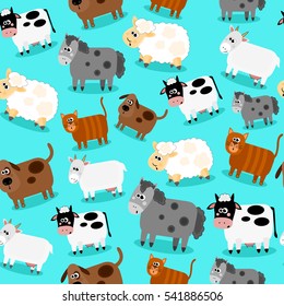 Funny farm animals and pets seamless collection. Isolated sheep, cow, donkey goat, cat and dog. Vector illustration.