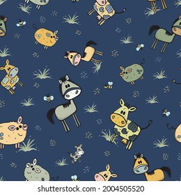 Funny Farm Tiere nahtlose Vektormuster auf marineblarem Hintergrund. Die Zeichnung von Pferd, Schwein und Kuh ist perfekt für Kinder-Tapeten, Kindergarten, Vorschulen und Kinderzimmer Dekoration und Kleidung.