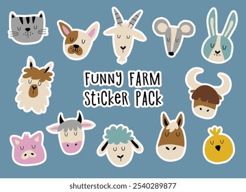 Funny farm animals sticker pack. Hand drawn animal faces including cow, pig and sheep. Colorful stickers for your diary, postcards and posters.