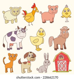 Funny farm animals in vector cartoon style isolated on white. Each element on separate layer