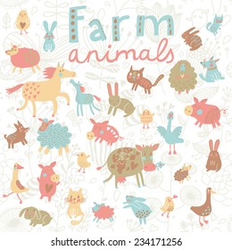  Funny farm animals in vector set. Sheep, horse, dog, cat, rabbit, goose, chicken and others in cute childish style