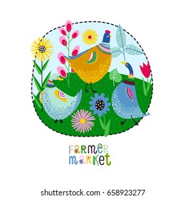 Funny farm background with chicken, duck, goose and flowers. Vector design with poultry and inscription - farmer market on a white background.