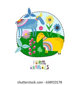 Funny farm background with goat, sheep and flowers. Vector design with animals and inscription - farm animals.