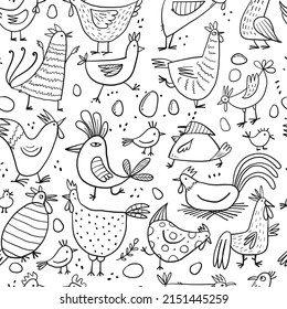 Funny farm birds family. Chicken and Rooster characters. Seamless pattern background for your design. Colouring Page