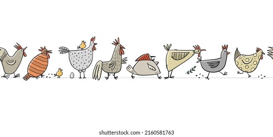 Funny farm birds family. Chicken and Rooster characters. Seamless pattern background for your design