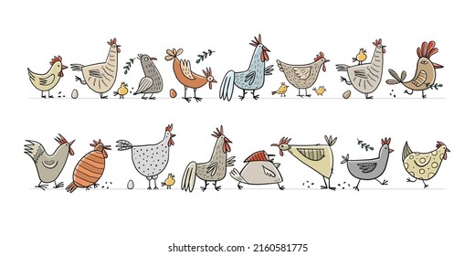 Funny farm birds family. Chicken and Rooster characters. Art collection for your design