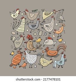 Funny farm birds family. Chicken and Rooster characters. Art collection for your design