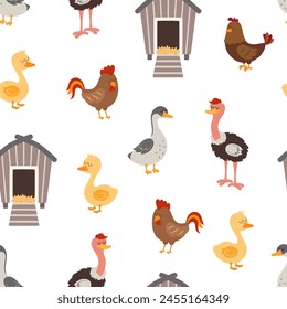 funny farm birds seamless pattern, cartoon background with goose, hen, cock, duck ostrich, creative kids texture for fabric, wrapping, textile, wallpaper, apparel