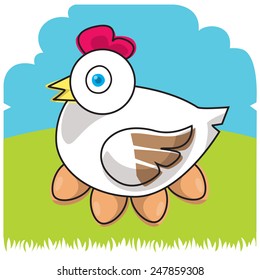 Funny farm. Cartoon hen, eggs, chicken. Vector illustration. e p s 1 0 