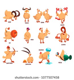 Funny farm chicken showing 12 Zodiac signs. Domestic bird in different actions. Comic horoscope. Flat vector set