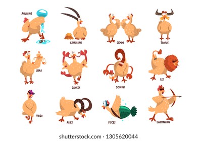 Funny farm chicken showing 12 Zodiac signs. Domestic bird in different actions. Comic horoscope. Flat vector set