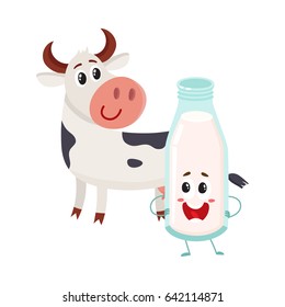 Funny farm cow and milk bottle characters with smiling human faces, cartoon vector illustration isolated on white background. Cute and funny cow and milk bottle characters, standing and smiling