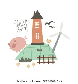 funny farm. Cute cartoon farm landscape . Vector colorful illustration for kids, flat style. hand drawing. Baby design for cards, print, posters