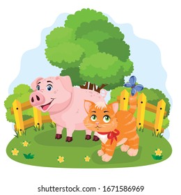 A funny farm, cute pets in the village, a pig and a ginger kitten on a background of trees, a lawn and a wooden fence