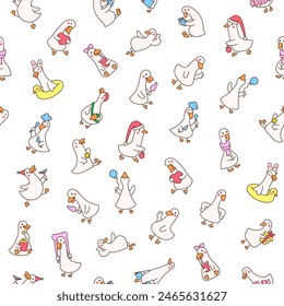 Funny farm duck characters. Seamless pattern. Cute cartoon kawaii goose. Hand drawn style. Vector drawing. Design ornaments.