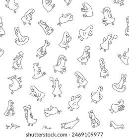 Funny farm duck characters. Seamless pattern. Coloring Page. Cute cartoon kawaii goose. Hand drawn style. Vector drawing. Design ornaments.