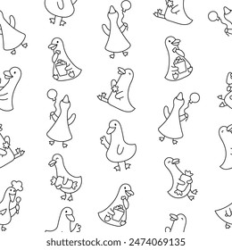 Funny farm duck characters. Seamless pattern. Coloring Page. Cute cartoon kawaii goose. Hand drawn style. Vector drawing. Design ornaments.